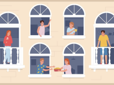 Illustration Hausfassade mit sechs Menschen, die durch sechs Fenster miteinander kommunizieren.