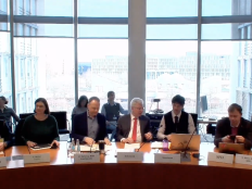 Mitglieder des Forschungsausschusses bei einer Sitzung an Tischen im Halbrund