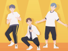 Illustration drei Jungs, die eine Musikperformance abliefern vor gelbem Hintergrund.