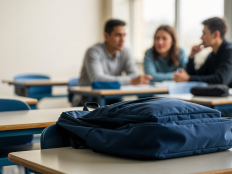Klassenzimmer mit wenigen Schuelern und einigen freien Plaetzen.
