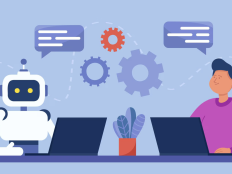 Vektorgrafik zeigt Roboter und Mensch an Schreibtischen mit Laptops bei der Zusammenarbeit.