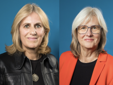 Collage aus Portraitfotos von Felicitas Thiel und Petra Stanat vor blauem Hintergrund.