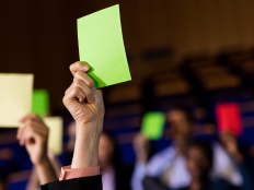 In die Luft gereckte Haende mit gruenen und einer roten Abstimmungskarte.