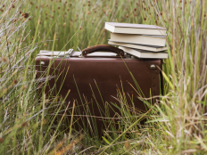 Retro Aktentasche in hohem Gras mit Büchern.