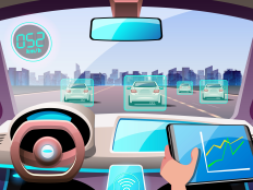 Vectorgrafik Cockpit eines autonom fahrendes Fahrzeugs mit menschlichem Beifahrer.