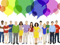 Illustration einer Gruppe von Menschen mit Sprechblasen.