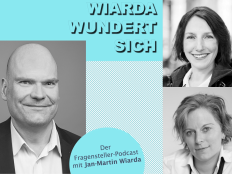 Collage aus dem Cover des "Wiarda wundert sich"-Podcasts und Porträtfotos der beiden Gesprächspartnerinnen Geraldine Rauch und Lisa Niendorf.