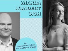 Collage aus Cover des Podcasts "Wiarda wundert sich" und Portraitfoto der Gaestin Zarah Bruhn.. 