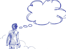 Grobe Skizze eines Businessmannes mit Denkblase.