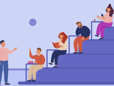 Illustration einer Hoersaalsituation mit Lehrkraft und vier lernenden Personen.