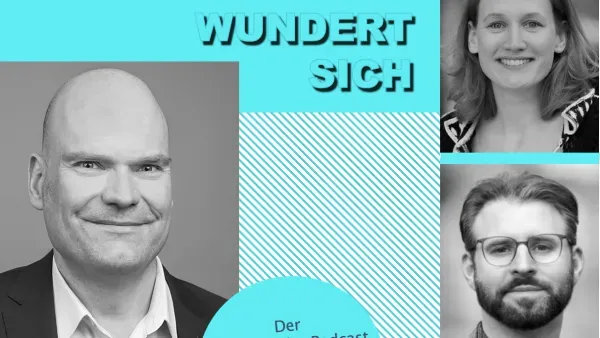 Collage aus dem Cover des "Wiarda wundert sich"-Podcasts und Portraitfotos der beiden Gespraechspartner.