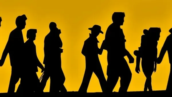 Schattenriss von Fluechtlingen vor gelbem Hintergrund.