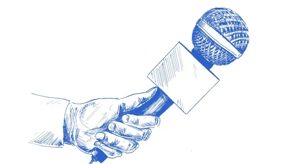 Gezeichnete Skizze einer Hand, die ein Pressemikrofon haelt.