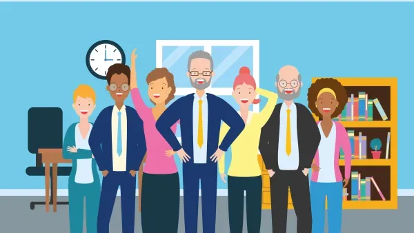 Vektorgrafik einer diversen Gruppe von Lehrerinnen und Lehrer in einem Klassenraum.