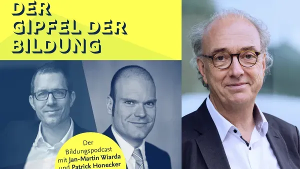 Collage aus dem Cover des Podcasts "Gipfel der Bildung" mit Jan-Martin Wiarda und Patrick Honecker und einem Portraitfoto des Gespraechspartners Johannes Buchholz.