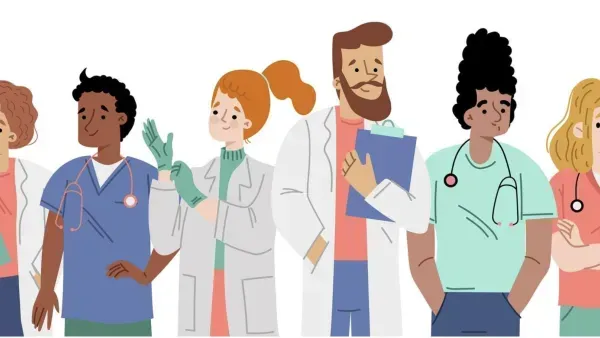 Grafik mit sechs jungen Personen aus dem medizinischen Bereich.