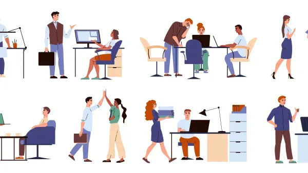 Vektorgrafik zeigt acht verschiedene Szenen im Büro zur Visualisierung von Buerokratie.