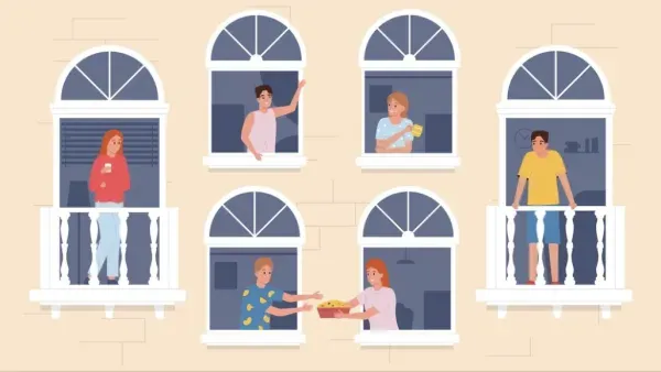 Illustration Hausfassade mit sechs Menschen, die durch sechs Fenster miteinander kommunizieren.