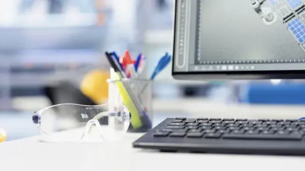 Ausschnitt eines Schreibtischs mit Schutzbrille, Stiftbecher und Computer.