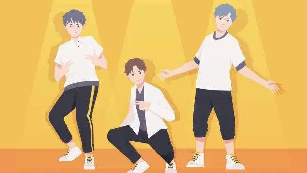 Illustration drei Jungs, die eine Musikperformance abliefern vor gelbem Hintergrund.