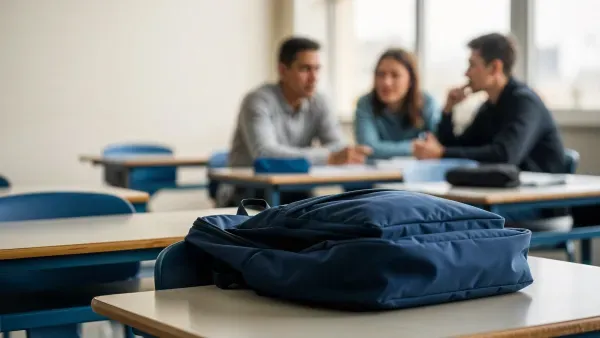 Klassenzimmer mit wenigen Schuelern und einigen freien Plaetzen.