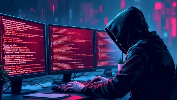 Hacker mit Hoodie vor Bildschirmen mit Code in abgedunkeltem Raum.