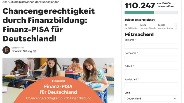 Screenshot der online Petition zur Finanzbildung