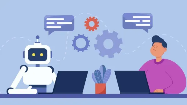 Vektorgrafik zeigt Roboter und Mensch an Schreibtischen mit Laptops bei der Zusammenarbeit.