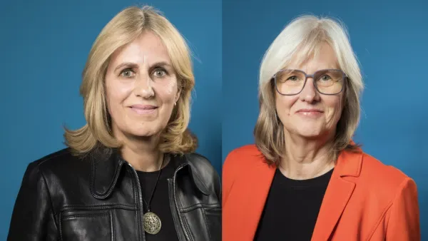 Collage aus Portraitfotos von Felicitas Thiel und Petra Stanat vor blauem Hintergrund.