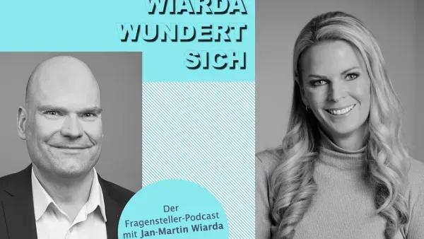 Collage aus Cover des Podcasts "Wiarda wundert sich" und Portraitfoto der Gaestin Silke Mueller. 