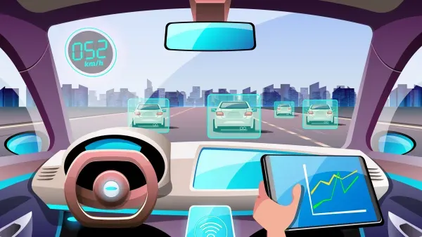 Vectorgrafik Cockpit eines autonom fahrendes Fahrzeugs mit menschlichem Beifahrer.