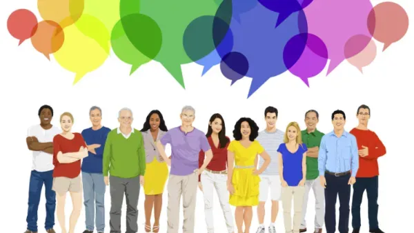 Illustration einer Gruppe von Menschen mit Sprechblasen.