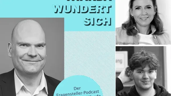 Collage aus dem Cover des Podcasts "Wiarda wundert sich" mit Jan-Martin Wiarda und Portraitfotos der beiden Gespraechspartner Nina Muelhens und Elliot Belmadani.