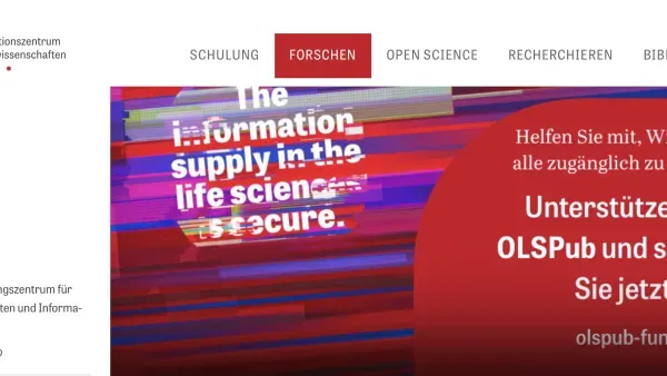 Screenshot der Startseite des Informationszentrums Lebenswissenschaften mit grossem Unterstuetzungsaufruf fuer OLSPub.