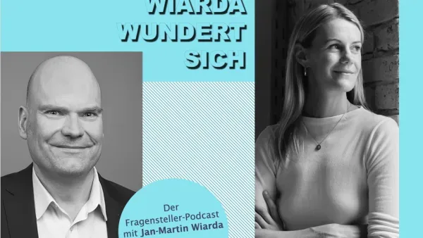 Collage aus Cover des Podcasts "Wiarda wundert sich" und Portraitfoto der Gaestin Zarah Bruhn.. 