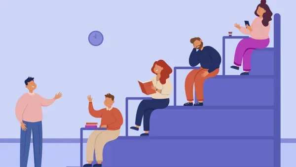 Illustration einer Hoersaalsituation mit Lehrkraft und vier lernenden Personen.