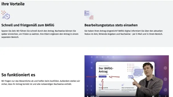 Screenshot Bafög-Seite mit Erklärvideo des BMFTR.